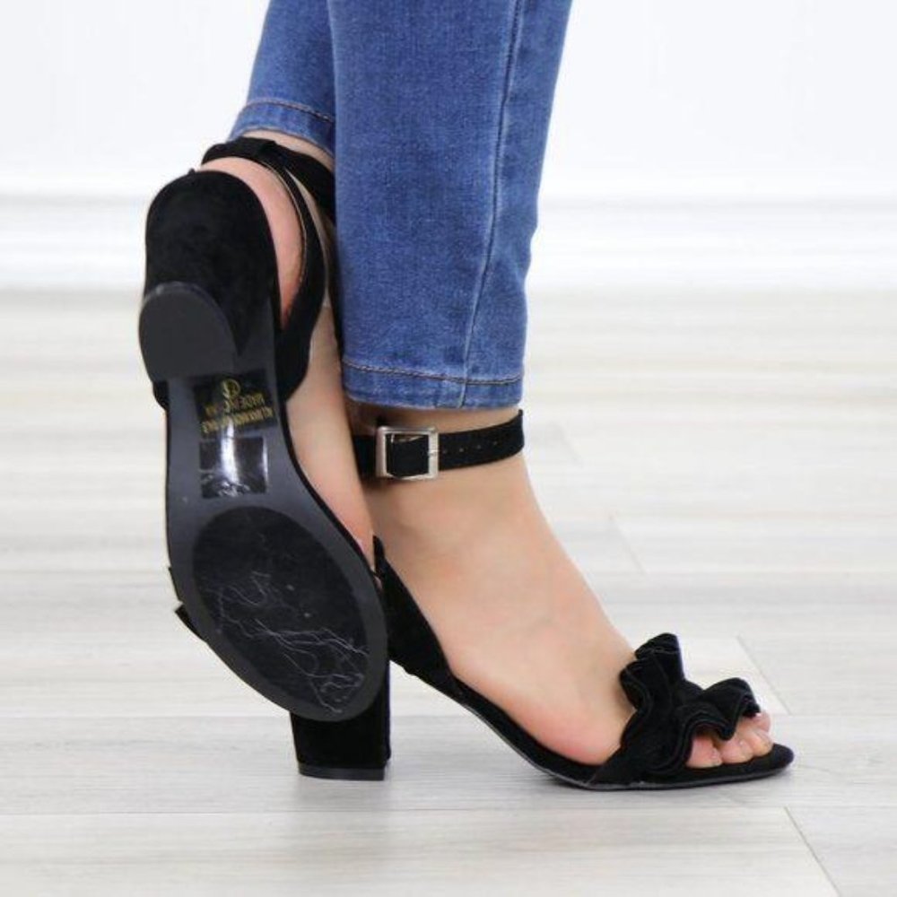 Suede Black Chunky Heel Open Ruffle Toe Sandal - Picture 8 of 8